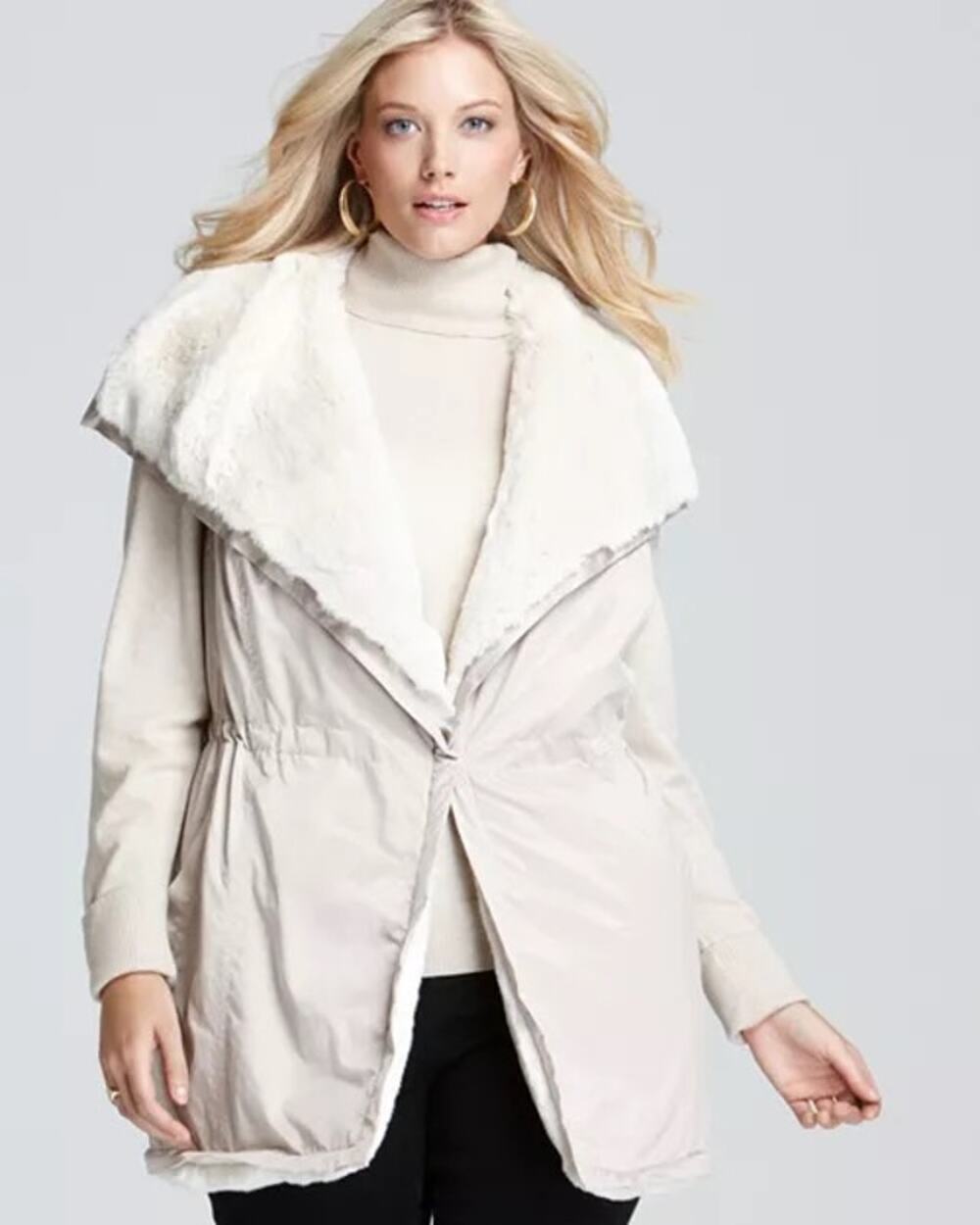 Lafayette 148 New York Lg Cream Vest Faux Fur Single Snap Satin Finish Outer